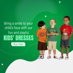 Three smiling children wearing colorful kids' dresses and shorts.