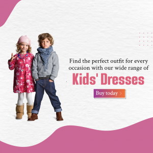 Two children, a girl in a pink dress and a boy in a jacket and jeans, promoting kids' dresses.