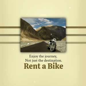 Motorcycle on a mountain road with text 'Rent a Bike'