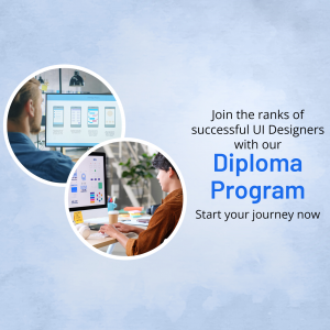 Image promoting a Diploma Program for UI/UX Designers with people working on computers.