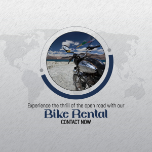 Motorcycle rental advertisement with a scenic background
