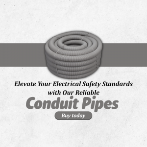Coiled grey electrical conduit pipe with text promoting electrical safety standards.