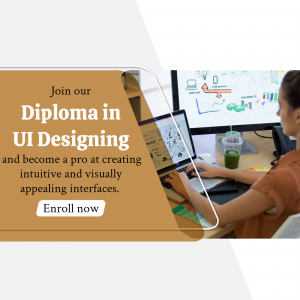 Woman working on a laptop with UI design elements, promoting a Diploma in UI Designing course.
