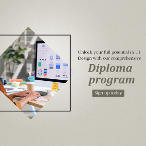 Image promoting a UI Design Diploma program with a person working on a computer.
