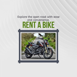 Motorcycle rental advertisement with a bike on a scenic road.