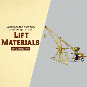 Yellow construction lift machine with text overlay promoting durability and strength.