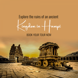 Ancient ruins of Hampi, India with a stone chariot and temple structures at sunset.