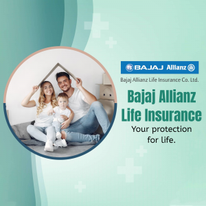 Family sitting under a house shape with Bajaj Allianz Life Insurance logo and text.