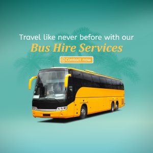 Yellow tour bus with palm trees and text promoting bus hire services