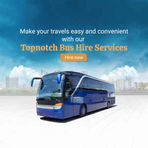Blue tour bus with city skyline background and text promoting bus hire services