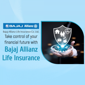 Bajaj Allianz Life Insurance advertisement showing a hand holding a glowing shield with icons representing financial security.