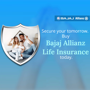 Family with a house icon and Bajaj Allianz Life Insurance logo