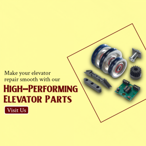 Assortment of elevator parts including rollers, gears, and electronic components.