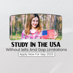 Young woman holding an American flag with text promoting study in the USA without IELTS.
