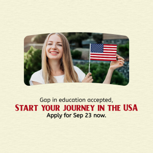Young woman holding an American flag with text promoting study opportunities in the USA for students with a gap in education.