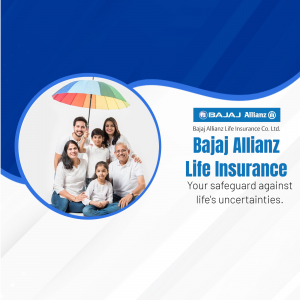 Image depicting a happy family under an umbrella with the Bajaj Allianz Life Insurance logo.