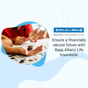 Hands placing coins on a pile of coins with Bajaj Allianz Life Insurance branding