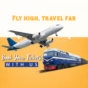Image of an airplane and train promoting travel booking services.