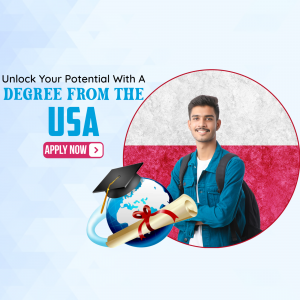 Image of a student with a USA flag background promoting degree programs.
