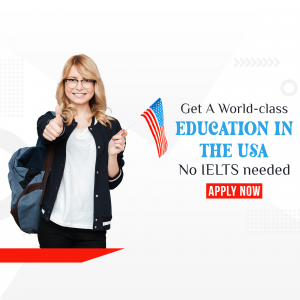 Young woman holding an American flag and backpack, promoting education in the USA without IELTS.
