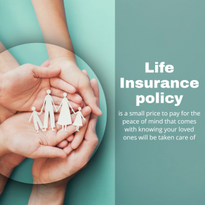 Hands cradling a family paper cutout with text 'Life Insurance policy'