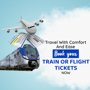 Image depicting an airplane and train with a travel booking advertisement.