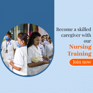 Image of nursing students in training with text promoting a nursing training program.