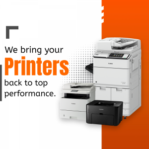 Image of Canon printers with text promoting printer repair services