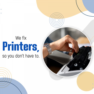 A hand inserting paper into a printer with the text 'We fix Printers, so you don't have to.'