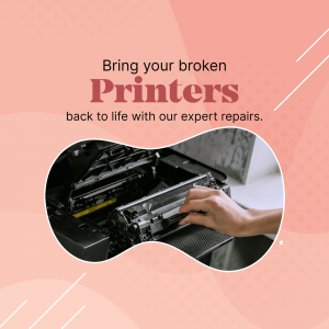 Close-up of a hand repairing a printer with text promoting printer repair services.