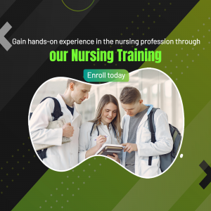 Students in a nursing training program looking at a tablet