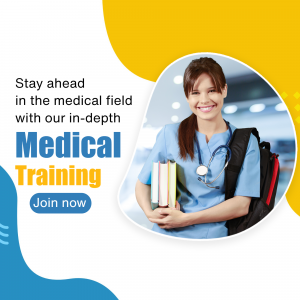 Young female doctor or nurse promoting medical training