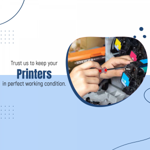 A technician repairing a color laser printer with tools.