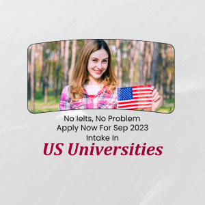 Young woman holding an American flag with text promoting US university applications without IELTS for September 2023 intake.