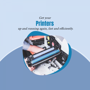 A person repairing a printer with tools and printer cartridges visible.