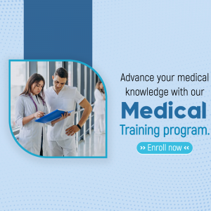 Two medical professionals reviewing a clipboard in a hospital hallway with text promoting a medical training program.