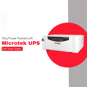 Microtek UPS advertisement with a red and white color scheme
