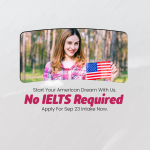Young woman holding an American flag with text promoting study in the USA without IELTS