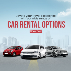 Image showcasing various car rental options with a city skyline background.