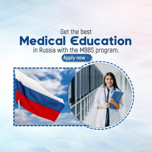 Image promoting MBBS program in Russia with a student and the Russian flag.