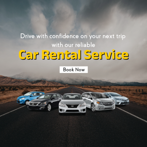 Image of multiple cars on a highway with text promoting a car rental service.