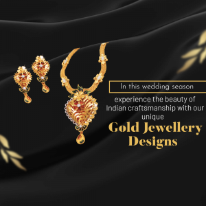 Close-up of gold necklace and earrings with floral motifs on a black background