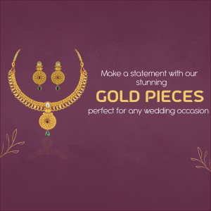 Gold necklace and earrings set on a purple background with text promoting gold pieces for weddings.