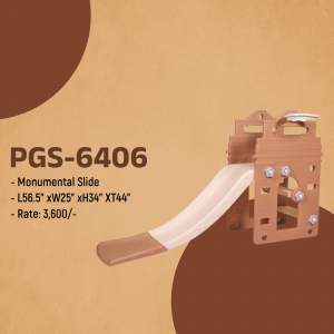 Image of a beige and brown children's slide with dimensions and price.