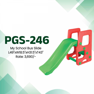 Red and green plastic school bus slide for children