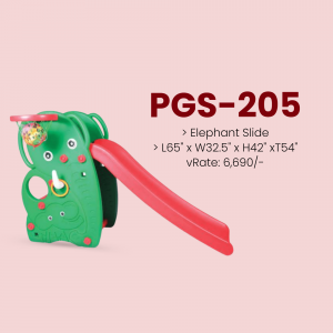 Green and red elephant-shaped plastic slide for children
