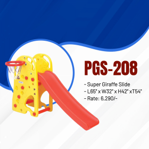 Yellow and red plastic slide for children with basketball hoop