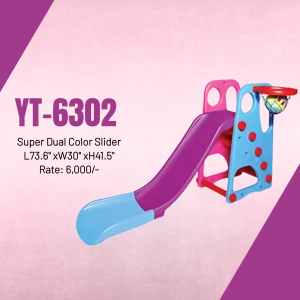 Image of a colorful plastic children's slide with a basketball hoop.