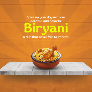 A bowl of Biryani on a white platform with a vibrant orange background.