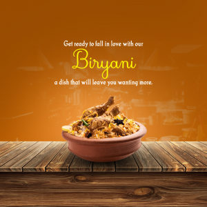 A bowl of Biryani with chicken on a wooden surface